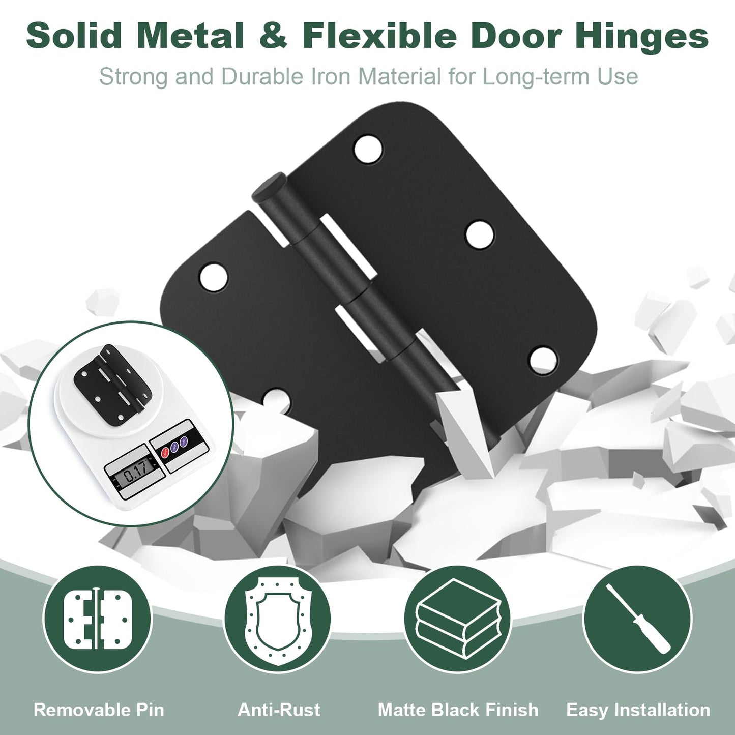 Estmoon 42 Pack Matte Black Door Hinges 3.5 x 3.5 Inch, 5/8" Radius Rounded Interior Hinges for Standard Doors, 6 Holes