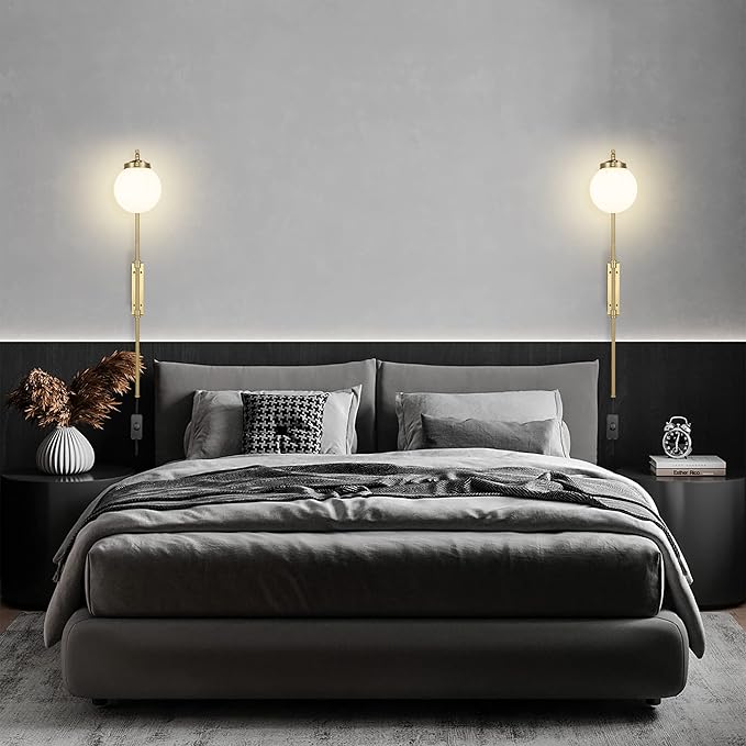 ELEHINSER Gold Wall Sconces Set of 2 with Globe Shade, Modern Indoor Plug in Wall Lamps with Switch, Angle Adjustable Light for Bedroom Living Room Study Hallway Bedside
