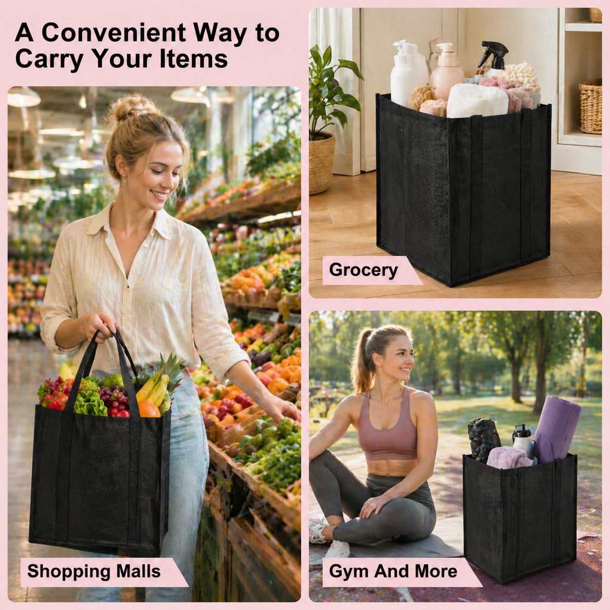 Enjamyo 10 Pcs Reusable Grocery Bags, Large Shopping Bag with Reinforced Handles, Heavy Duty Washable Foldable Bag, Grocery Bags(Black)