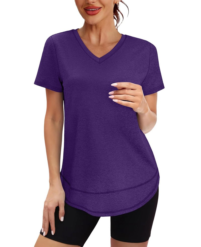 Oversized Tshirts for Women Dry Fit Plus Size Spring Clothes Summer Athletic Tops Workout Shirts V Neck Purple 3XL