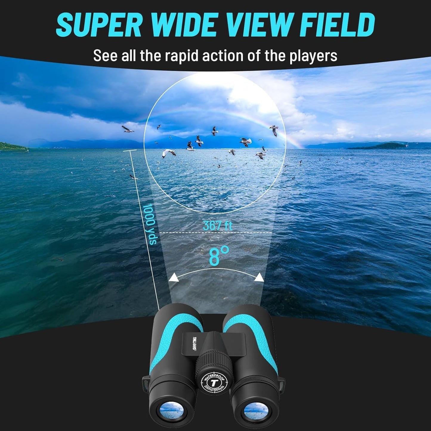 Tinllaans 15x55 HD Binoculars for Adults – High Powered Large View, BAK4 Prism, Waterproof & Lightweight for Bird Watching, Hiking, Travel, Cruise, Sports with Phone Adapter (Blue)