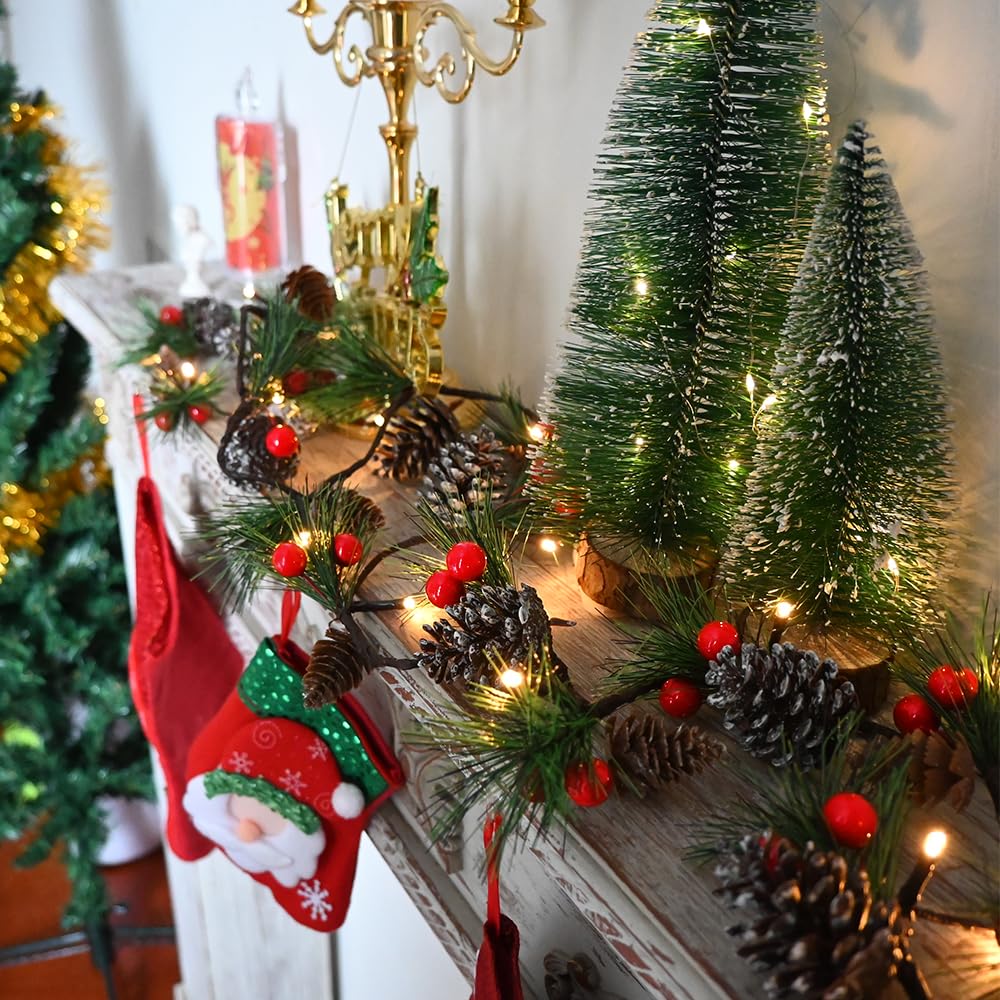 Christmas Garland Lights 6.56FT Holiday Prelit Garlands Pine Cone Red Berry Battery Operated with Remote Garland Wreath Xmas Decor Lights for Outdoor Indoor Christmas Tree Home Frontdoor Decorations