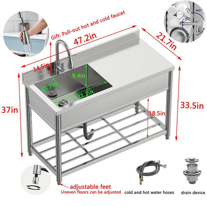 GGW Commercial Sink with Drainboard, Stainless Steel Utility Sink with Pull-out Faucet, Free Standing Single Bowl Kitchen Sink with Workbench for Restaurant, Garage, Outoor, 21.7"D x 47.2"W x 37"H