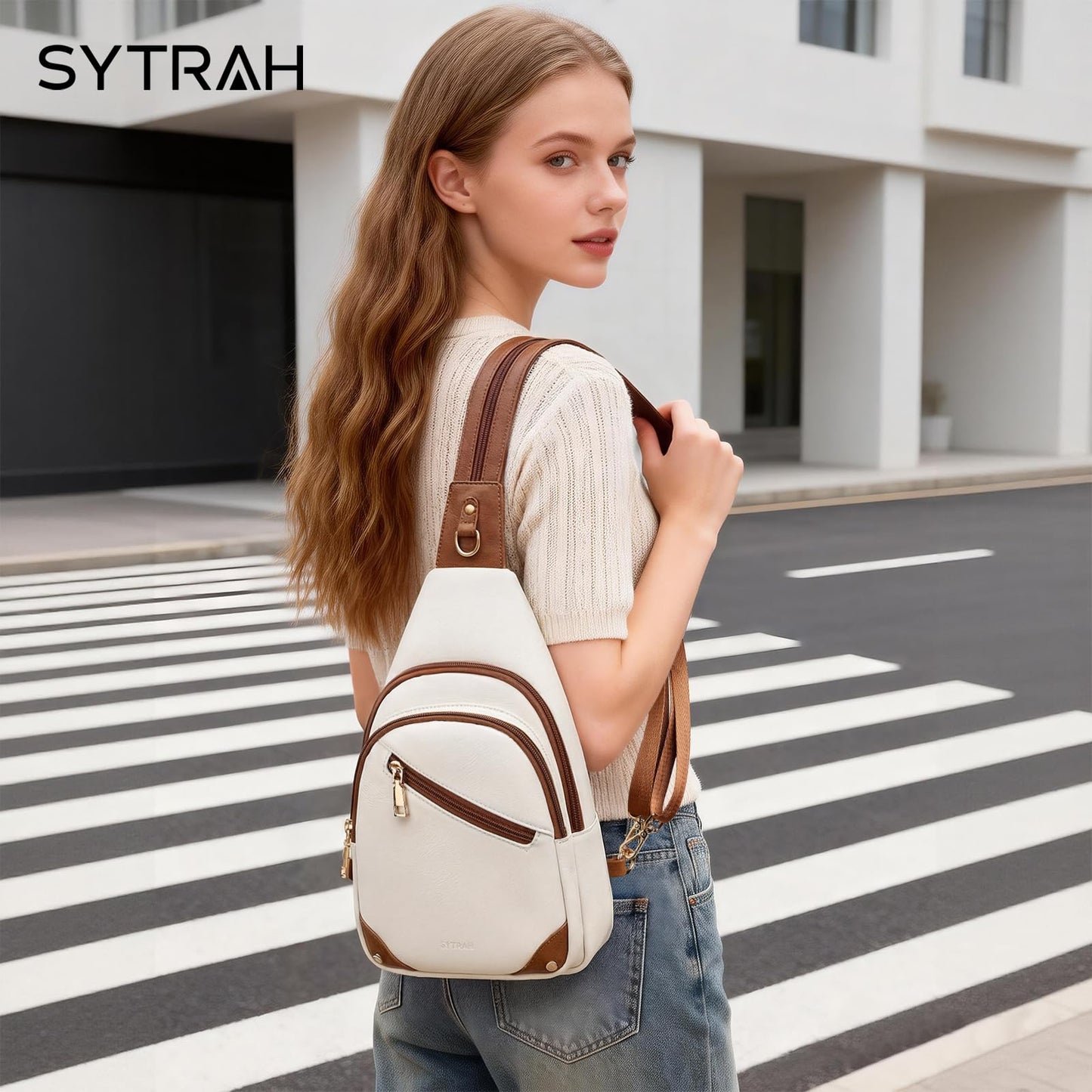 SYTRAH Anti Theft Sling Bag for Women, RFID Crossbody Purses Convertible Sling Backpack, Cross Body Purse Chest Bag for Travel Daily Use Beige Brwon