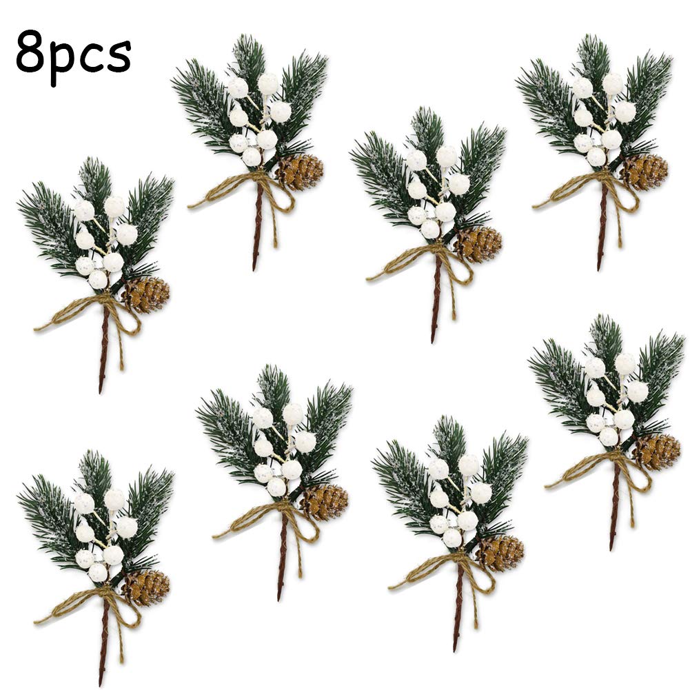 MEMOVAN Artificial Christmas Picks 8 Pack, White Christmas Berries Stems Pine Branches Cones Holly Spray/Winter Holiday Floral Pick for Xmas Decor Wreath, Garland, Crafts, Xmas Tree, Gift Wrap