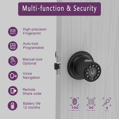 BOTHSTAR Double Sided Keyless Door Knob Lock with Fingerprint and Keypad, Smart Doorknob with Dual Cylinders for Exterior or Interior Door(Double Sided Fingerprint Matte Black)