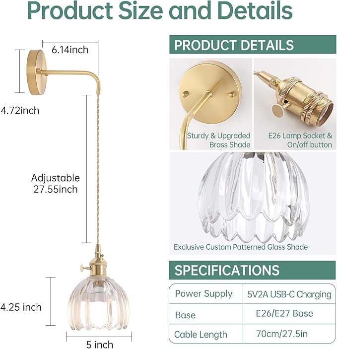 Battery Operated Wall Sconce with Clear Tulip Shade Pattern Glass Adjustable Chain Retro Gold Wall Mounted Light, Modern Wall Decor for Bedside Bedroom Indoor Doorway， Set of 2