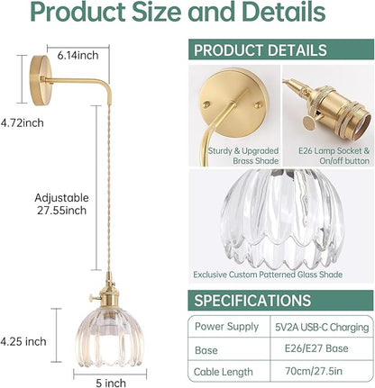 Battery Operated Wall Sconce with Clear Tulip Shade Pattern Glass Adjustable Chain Retro Gold Wall Mounted Light, Modern Wall Decor for Bedside Bedroom Indoor Doorway， Set of 2