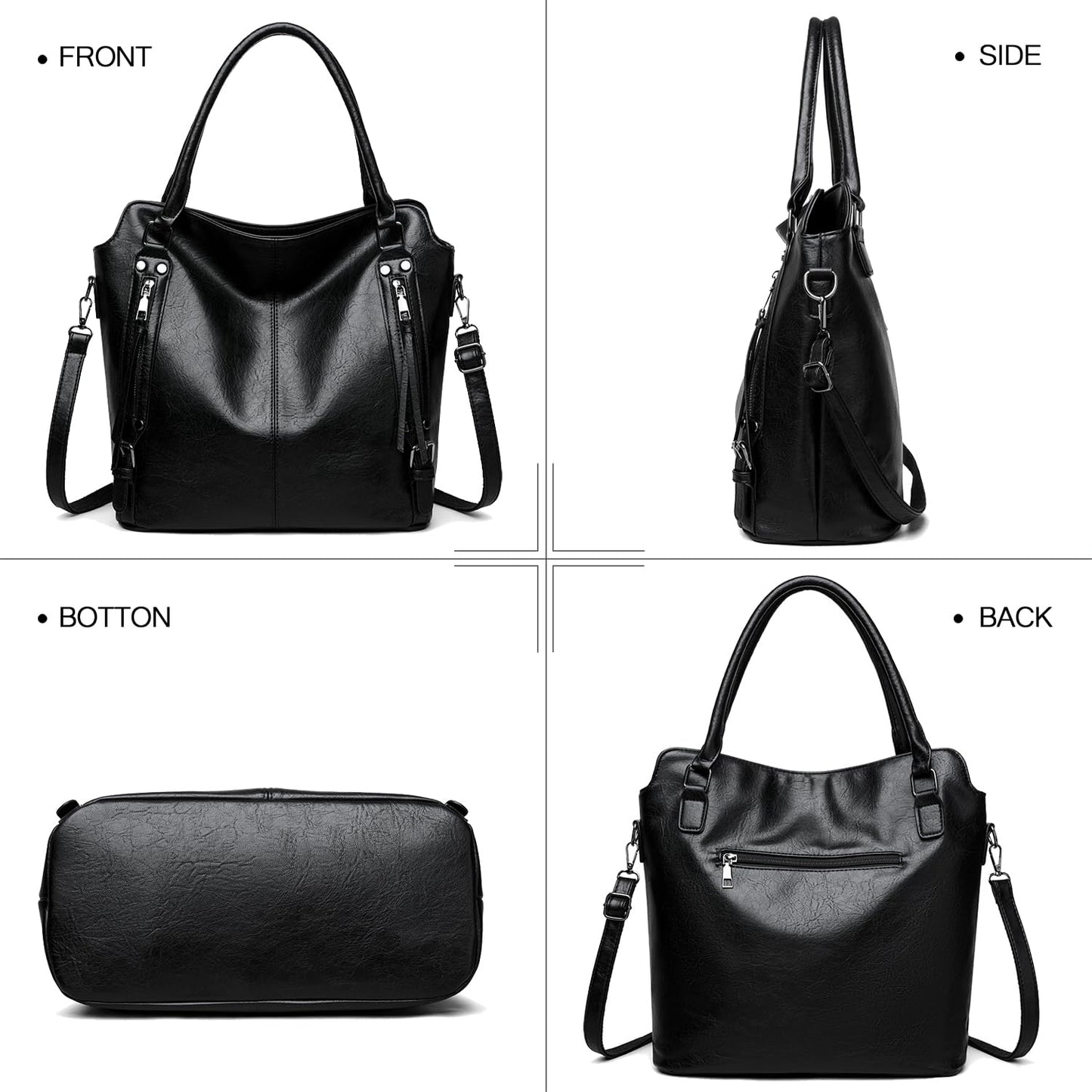 2E-youth Purses for Women Large Tote Women's Handbag Set Faux Leather Hobo Crossbody Bag 4pcs (1A-Black)