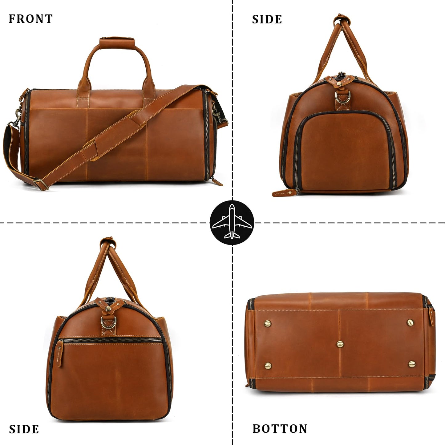 Men's Carry On Garment Bag, Convertible Garment Bag Full Grain Leather Duffle Bags with Shoe Pouch, 2 in 1 Hanging Suitcase Suit Travel Bags