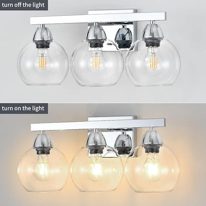 Bathroom Light Fixtures, 3-Light Silver Vanity Light with Hand-Blown Thick Glass Shades, High Transparency & Few Flaws, Wall Sconce for Mirror, Kitchen, Bedroom