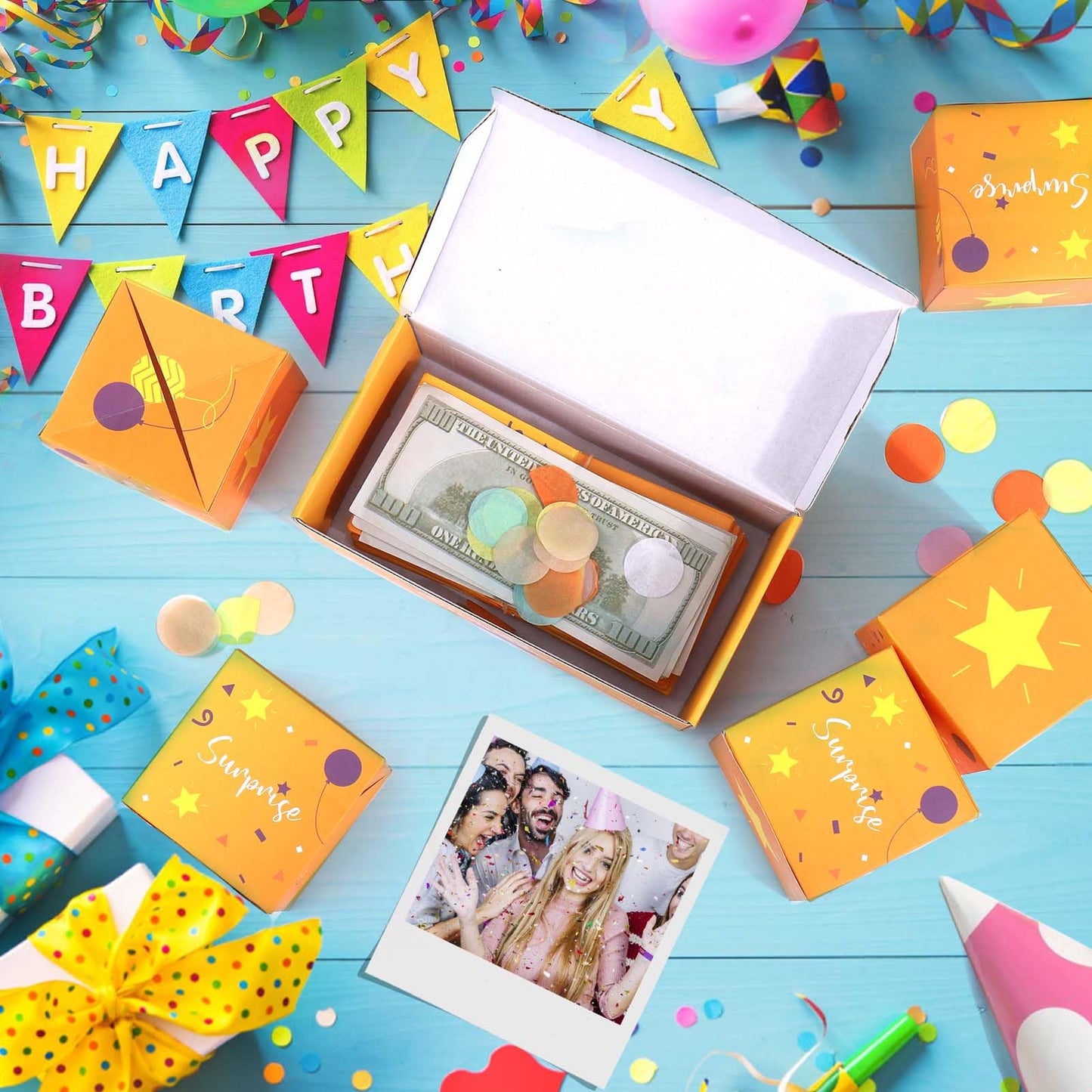 BABORUI Birthday Surprise Gift Box Explosion for Money with Confetti, Cash Explosion Gift Box for Women Men Kids (Yellow Birthday)