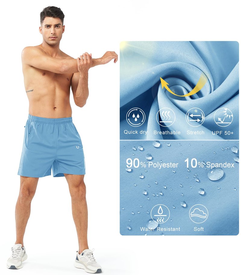 NORTHYARD Men's Athletic Running Shorts Gym Workout 7"/9"/5" Quick Dry Lightweight Sports Basketball Tennis 3 Zipper Pockets SKYBLUE-5inch S