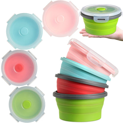 Suclain 4 Pcs Camping Bowl with Lid Collapsible Silicone Lunch Box Salad Bowl Expandable Food Storage Container Folding Travel Container for Hiking Camping(Red, Pink, Blue, Green,12 oz)