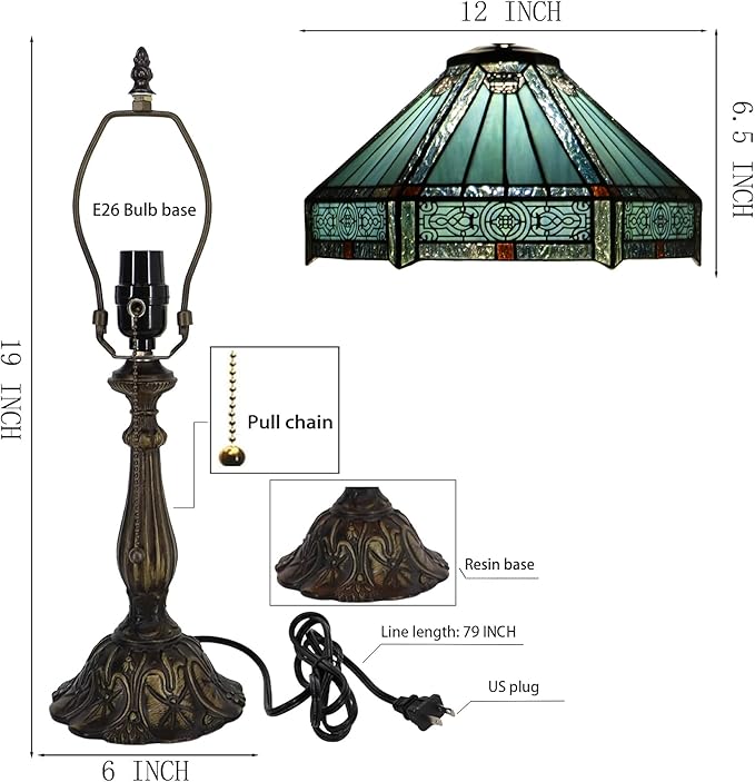 Tiffany Lamp Stained Glass Table Lamp Bedside Reading Light W12H19 Inches (Mission Style)