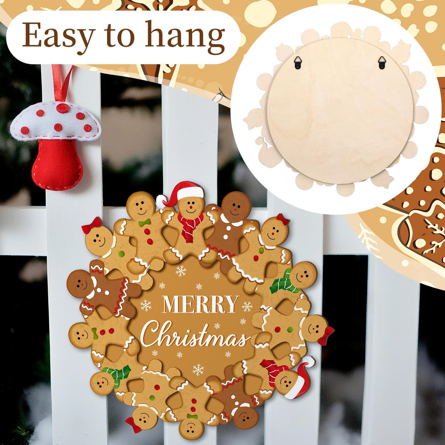 Yousoontic Merry Christmas Gingerbread Man Wreath, Wooden Gingerbread Man Front Door Hanging Sign for Holiday Xmas Indoor Outdoor Home Door/Wall Decor, 11.8 Inch