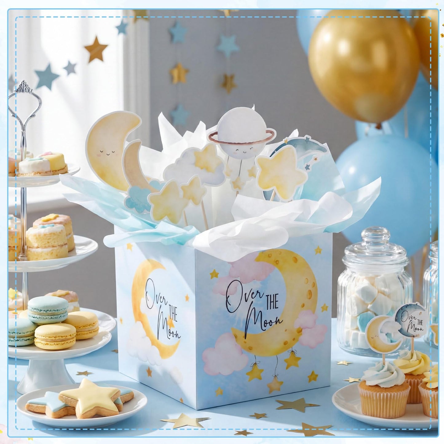Spiareal 9 Set Moon Themed Party Decorations Moon Themed Table Centerpieces with Boxes Star Cloud Cutouts Toppers Wooden Sticks and Tissue Paper Baby Shower Gender Reveal Party Table Decor