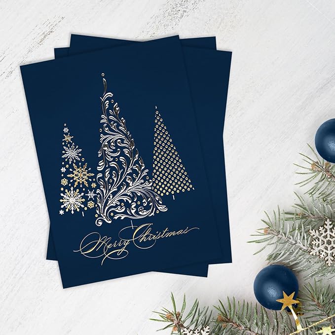 Masterpiece Metallic Christmas 3 Foil Trees Cards / 16 Boxed Winter Holiday Cards With Silver Foil Lined Envelopes / 5 5/8" x 7 7/8" Folded Merry Christmas Greeting Cards With Inside Verse