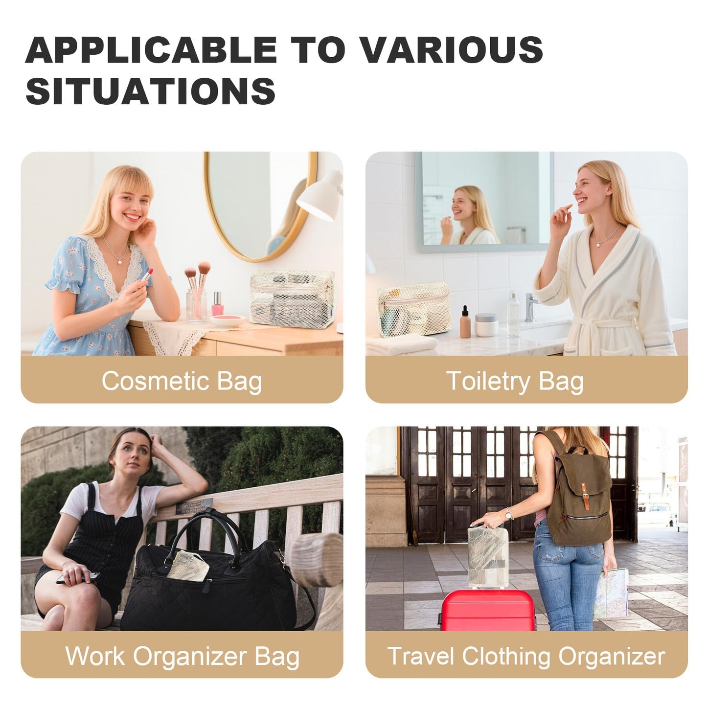 NOL Natural Organic Lifestyle 3-Pack Mesh Travel Toiletry Bags - Clear Zipper Travel Organizer, Airport Carry-On Compliant Reusable Cosmetic Makeup Bag for Women & Men (Cream)