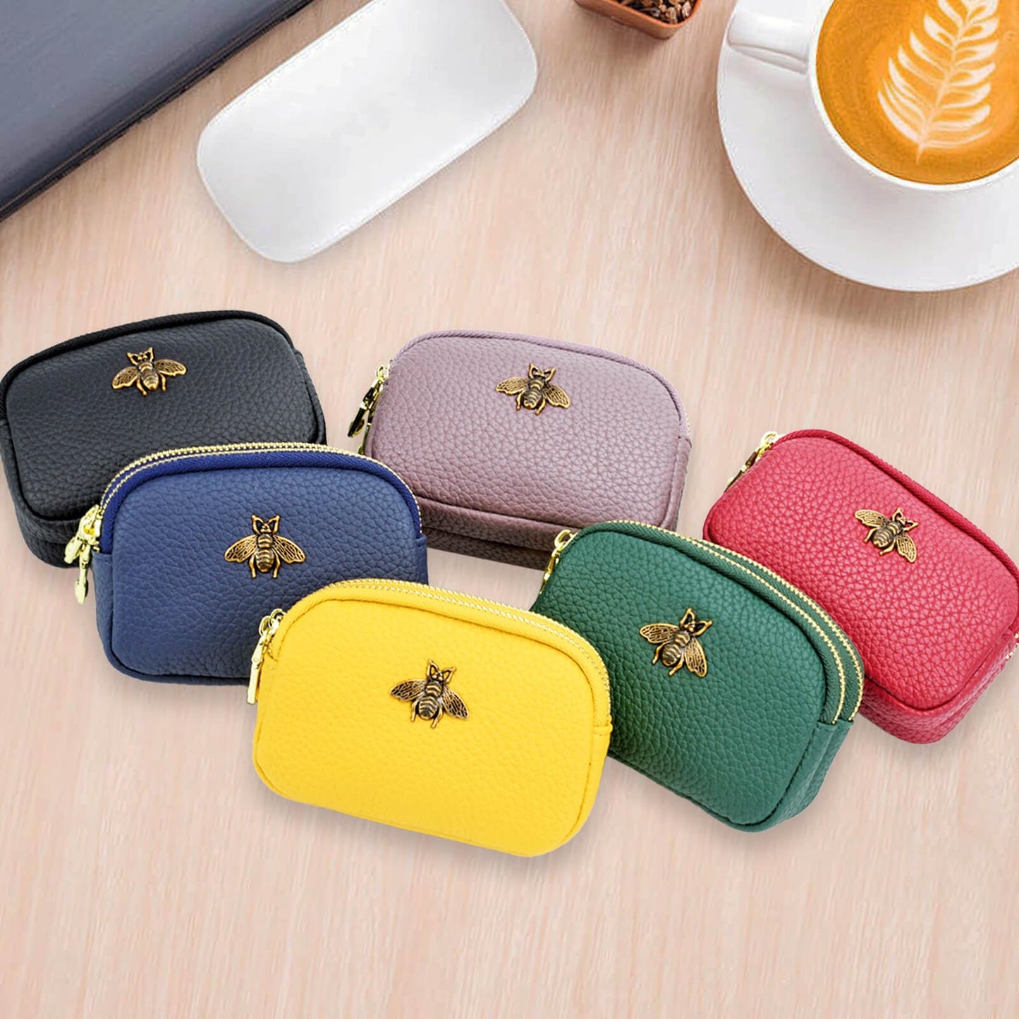 WOZEAH Leather Coin Purse for Women Small 2 Zipper Change Wallet with Key Ring Card Key Coin Cash Holder Pouch(Black)