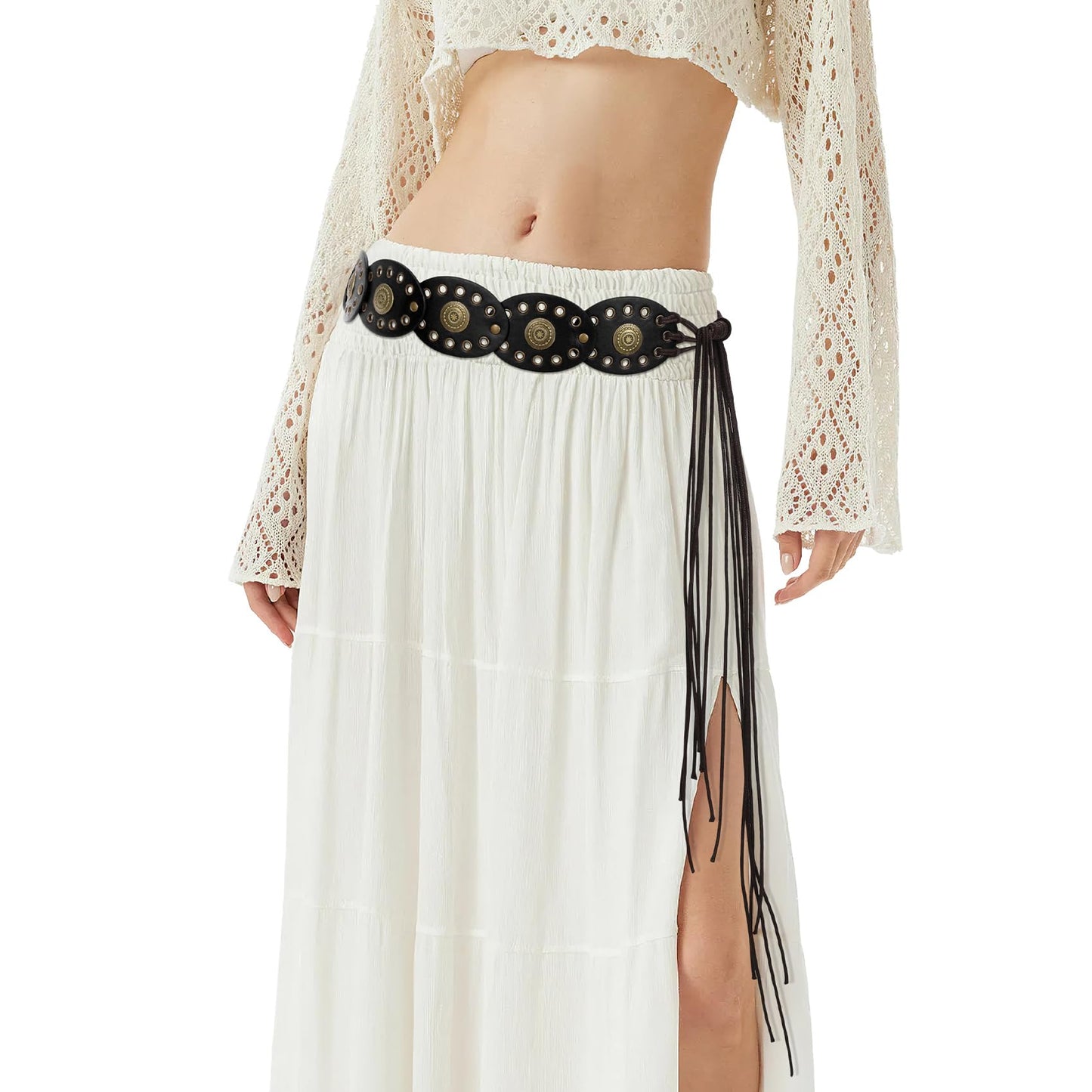 XZQTIVE Women's Boho Disc Belt Concho Western Cowgirl Cowboy Belt for Ladies Wide Vintage Leather Waist Belt for Dress