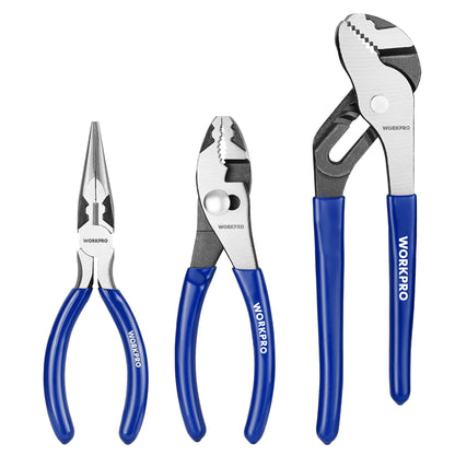 WORKPRO Pliers Set, 3-Piece Plier Tool Set with Soft Handle, 6" Needle Nose, 6" Slip Joint, 8" Groove Joint Plier for DIY & Home Use