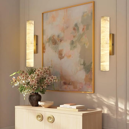 Brass Alabaster Wall Sconces, 20" Natural Marble Wall Sconce, Hardwired Gold Wall Sconces Indoor, Stone Wall Sconce Dimmable, Alabaster Wall Lamp for Living Room, Bathroom, Bedroom, Hallway-Upgraded