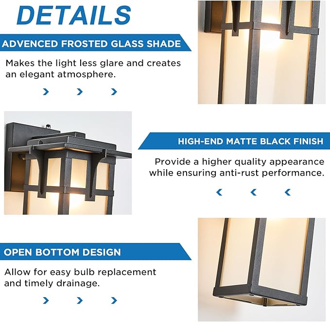 2 Pack Porch Lights Wall Mount Outdoor Wall Lantern Small Waterproof Aluminum with Frosted Glass Exterior Light Fixtures Asian Outdoor Sconces for Outside House Patio Garage Lighting, Black