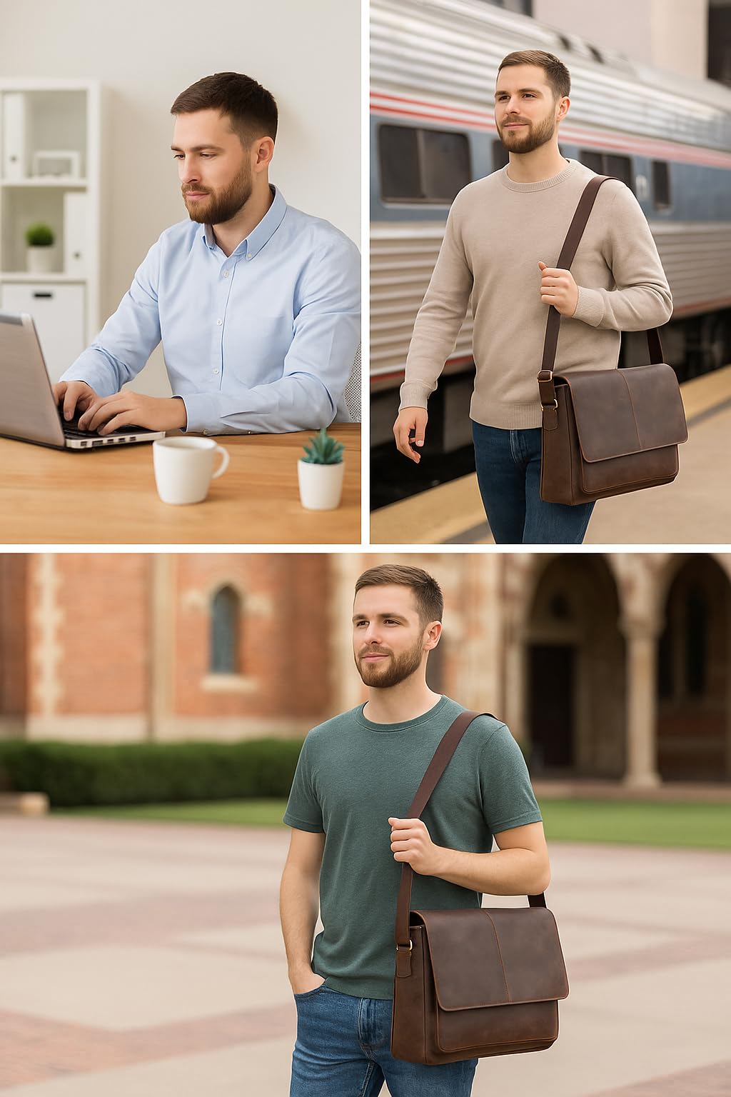 Oak Leathers Leather Messenger Bag for Men and Women - Laptop Briefcase Bag For College, Office, Adjustable Shoulder Strap (Wood)