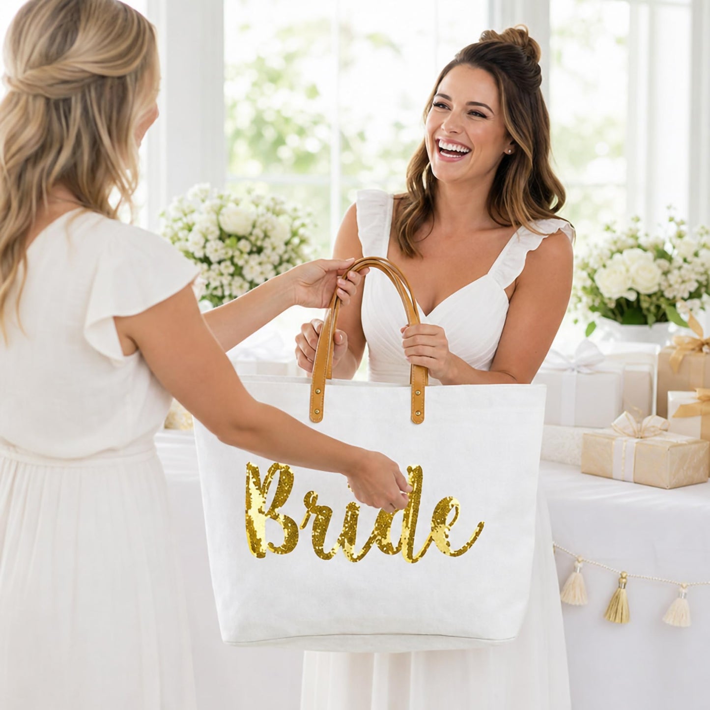 Mud Pie Bride Tote Bag, Bridal Shower Gift with Gold Sequin Script, Bridal Bag With Vegan Leather Handles