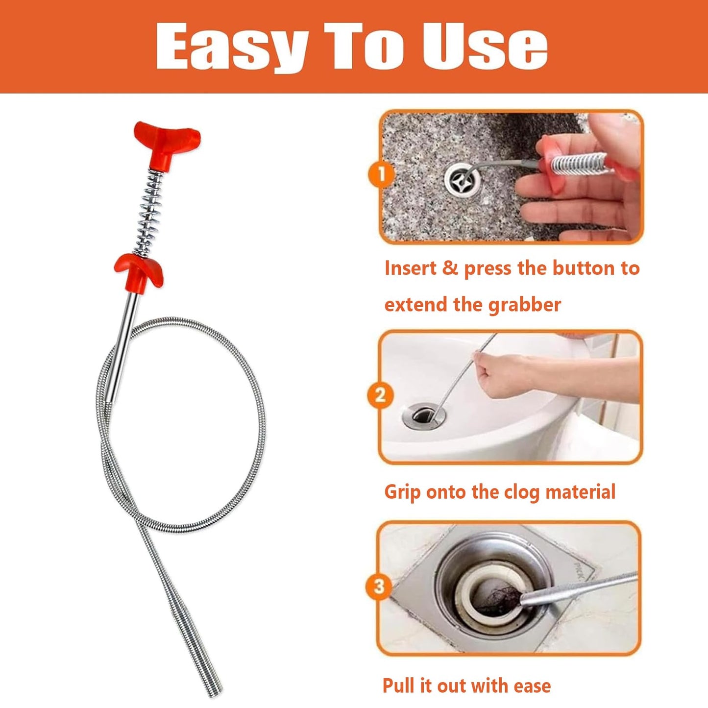 Drain Hair Clog Remover Tool – 24 Inch Flexible Steel Drain Cleaning Claw for Shower, Sink, Tub, Bathroom and Kitchen – Easy Hair Grabber for Clogged Drains, Plungers for Clearing Blocked Drains