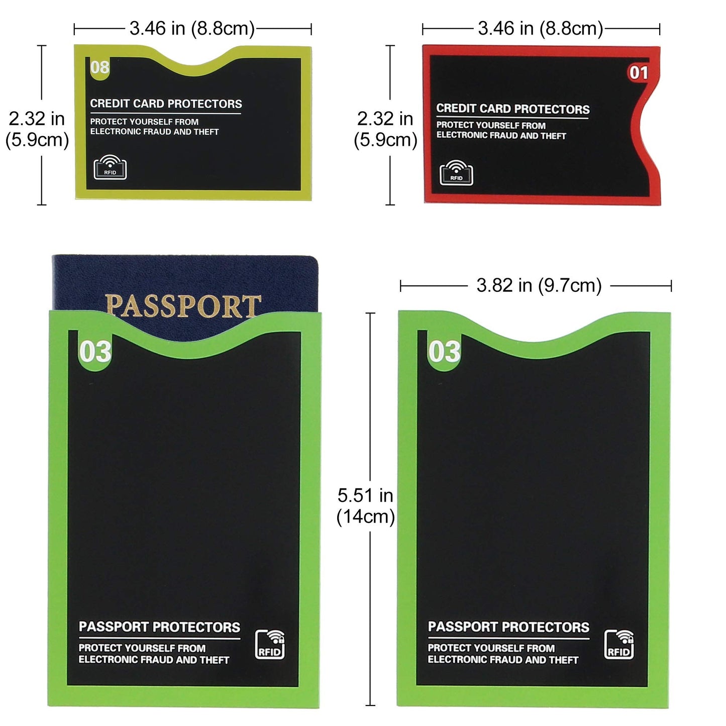 LotFancy RFID Blocking Sleeves, Set with Color Coding (19 Pack, 14 Credit Card Protectors and 5 Passport Holder Sleeves), Identity Theft Protection