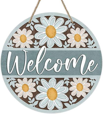 Deroro Welcome Spring Summer Daisy Flower Front Door Sign, Floral Farmhouse Wood Door Hanger Outdoor Outside Porch Decor, Rustic Seasonal Wooden Wreath Indoor Wall Hanging Decoration