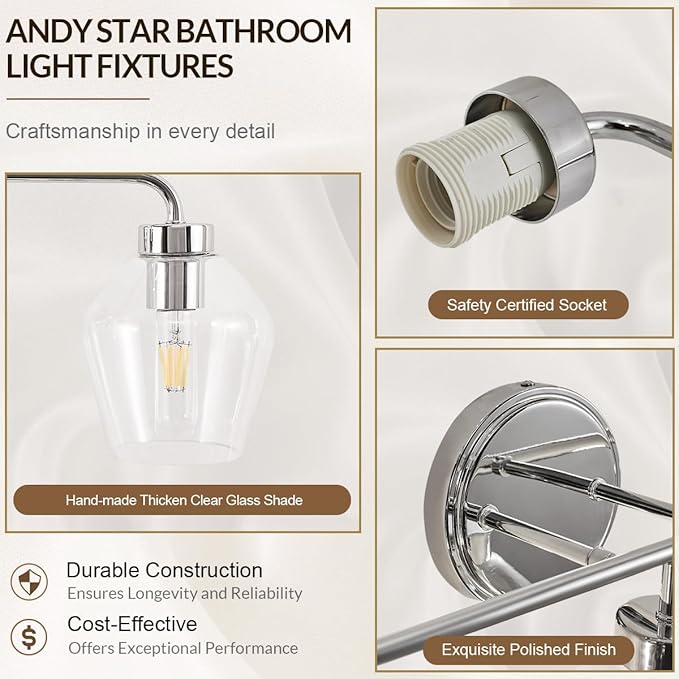 ANDY STAR Chrome Vanity Light, 3-Light Diamond-Shape Bathroom Light Fixture, Industrial Chrome Sconce, 25 Inch Modern Bath Light with Clear Glass for Bedroom/Living Room/Hallway
