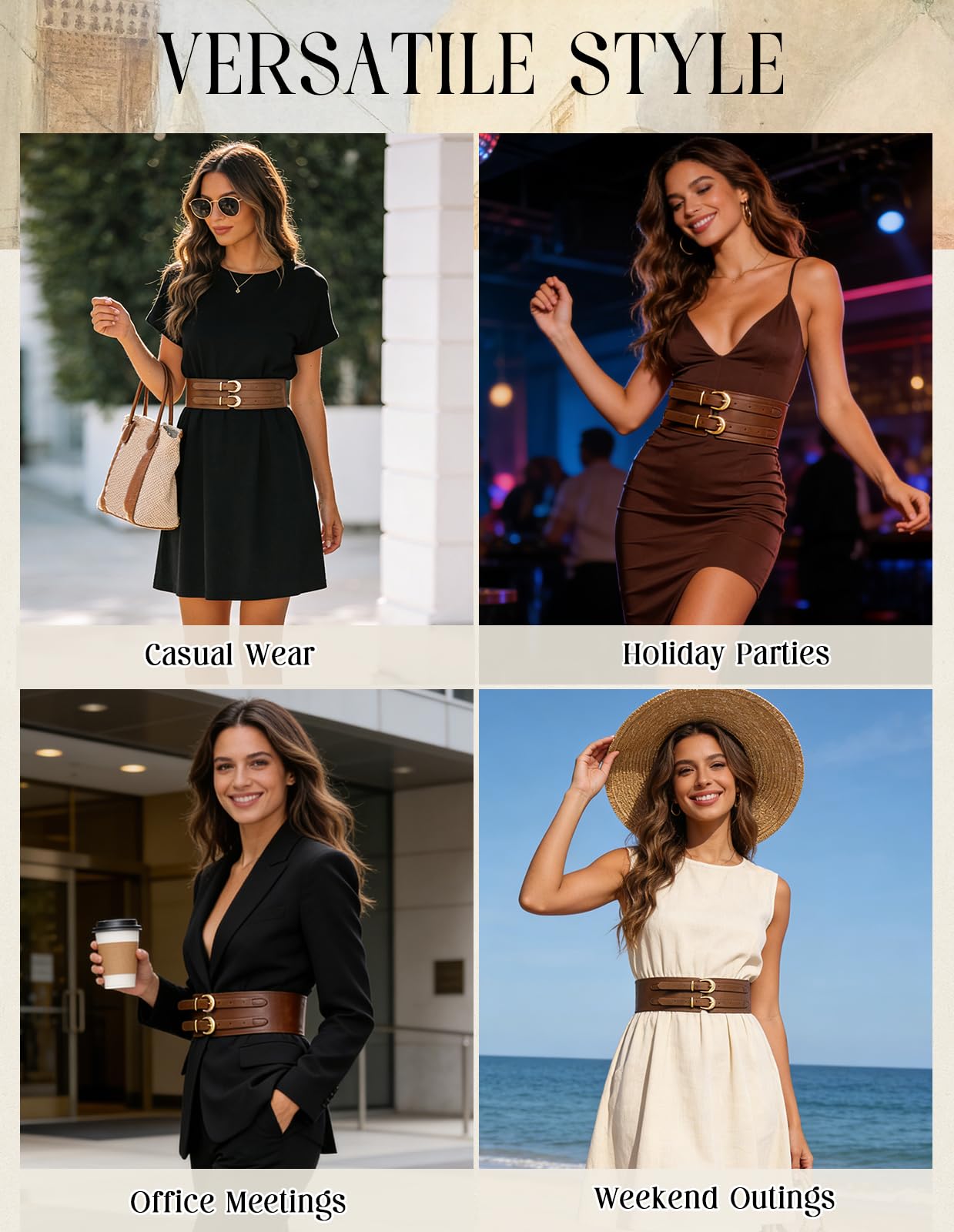Scarlet Darkness Women's Wide Elastic Belt for Dress Stretchy Corset Belt Double Gold Buckle Waist Belt Dark Brown L