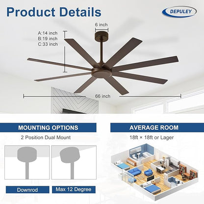 Depuley Large Ceiling Fan without Light: 66 Inch Indoor/Outdoor Fan Reversible DC Motor 6 Speed - Dual 8 Blades Big Ceiling Fans with No Light for Living Room Covered Patio, Brown