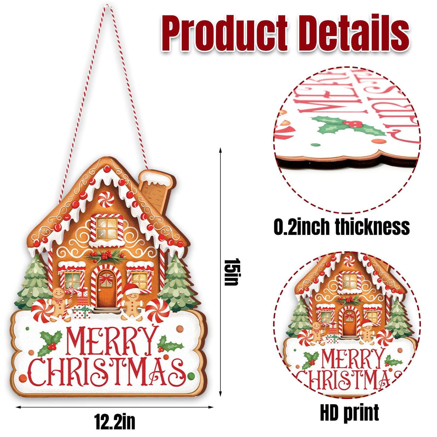 Whaline Merry Christmas Door Sign Outdoor Hanger Gingerbread House Wooden Front Door Hanging Sign with Rope for Xmas Winter Holiday Party Home Wall Porch Decorations