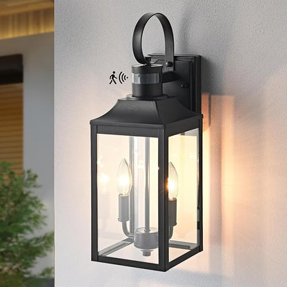 18.9" Black Motion Sensor Outdoor Wall Lantern, 2-Light Industrial Porch Light with Clear Glass Waterproof Exterior Light Fixture Sconce for Outside Porch, Patio, and Garage (1 Pack)