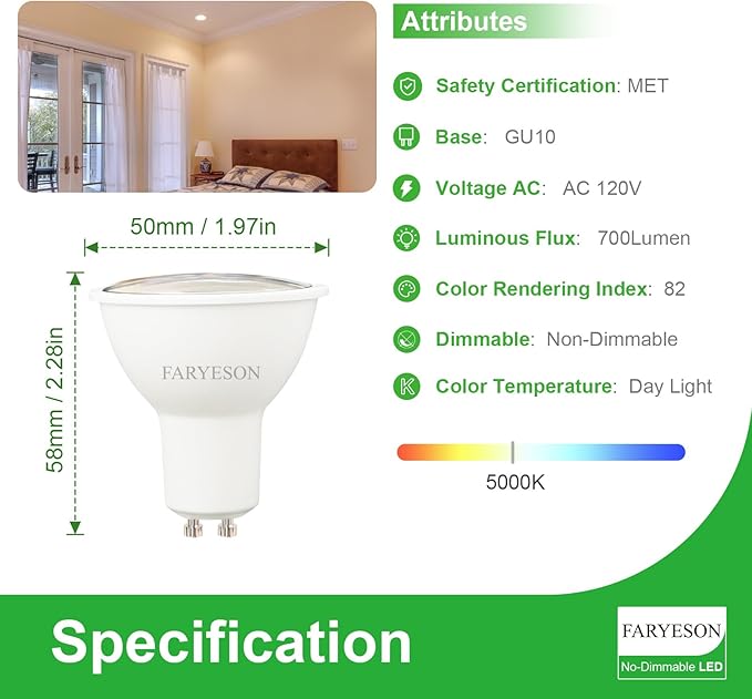 GU10 LED Light Bulbs - 5W Energy-Efficient, 700 Lumens Daylight White (5000K), Non-Dimmable, 110° Flood Beam, Ideal Replacement for Halogen Bulb in Recessed & Track Lighting, 6-Pack