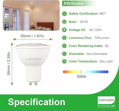 GU10 LED Light Bulbs - 5W Energy-Efficient, 700 Lumens Daylight White (5000K), Non-Dimmable, 110° Flood Beam, Ideal Replacement for Halogen Bulb in Recessed & Track Lighting, 6-Pack