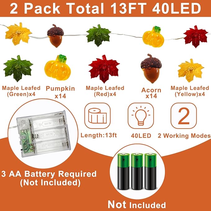 TURNMEON Fall Decor 2 Pack 3D Fall Thanksgiving Pumpkin String Lights Total 40LED/13Ft Thanksgiving Decorations for Home, 3 in 1 Battery Powered Fall Lights Halloween Decor Home Indoor Outdoor