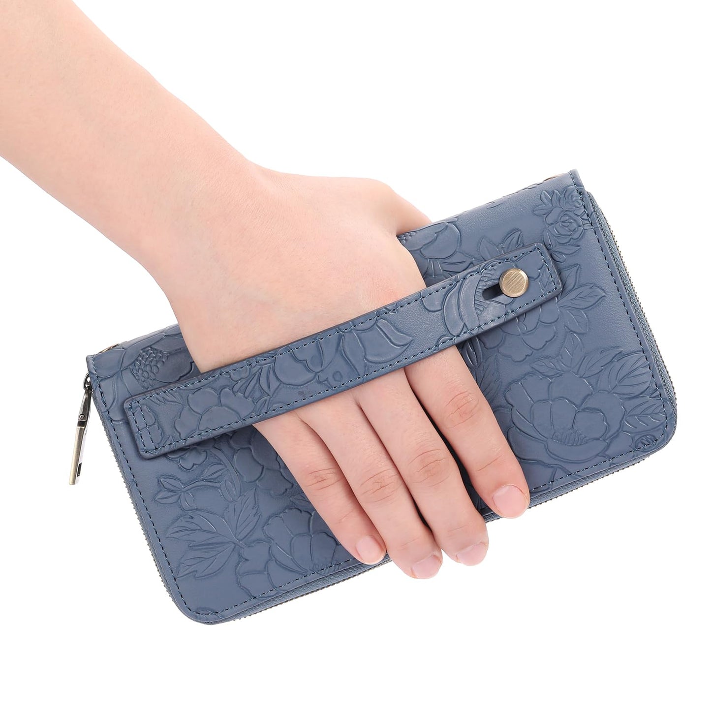 GAEKEAO Womens Wallet Large Capacity with Phone Pocket, Double Zip Around RFID Blocking Clutch Purse Wristlet Grip Hand Strap