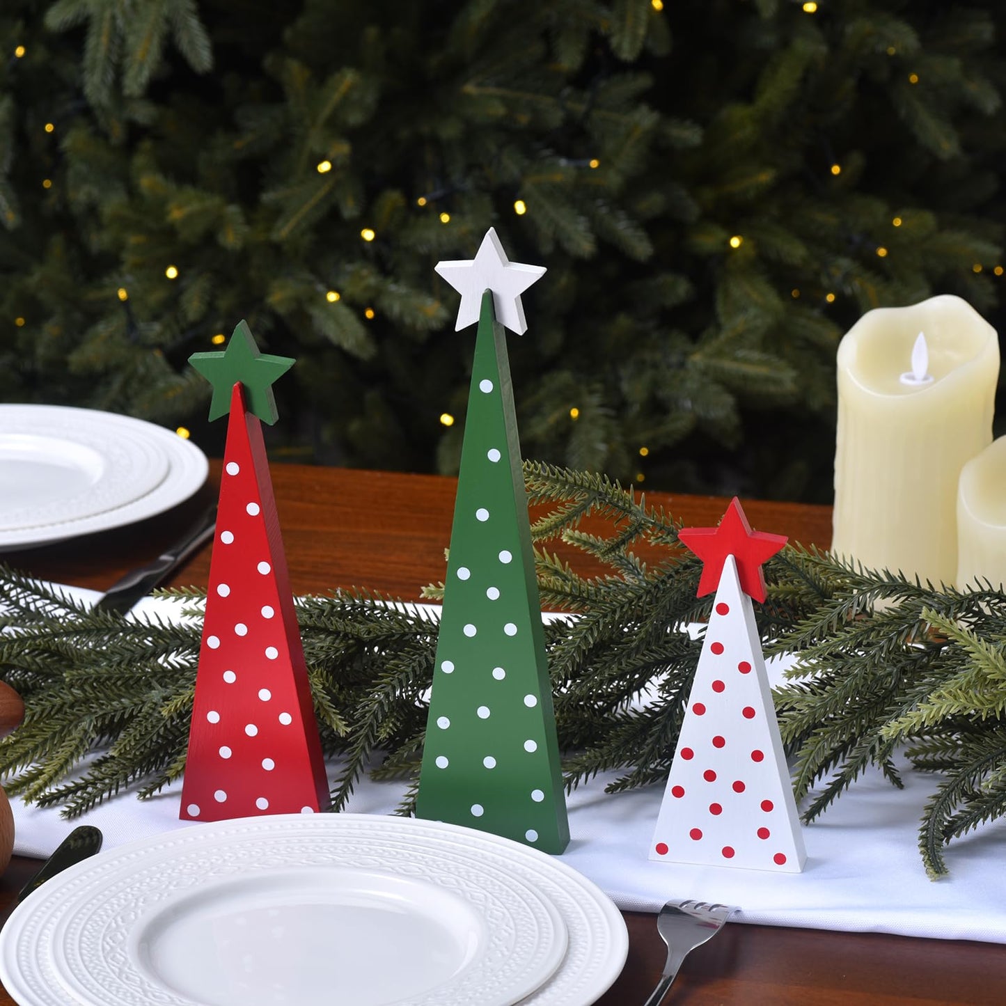 GHOSTMAGIC 3 Pcs Wooden Christmas Trees Tabletop Decorations, Rustic Xmas Tree Table Signs Double-Sided Tiered Tray Centerpieces Farmhouse Wood Sign Decor for Home Office Fireplace Farmhouse (3pcs)