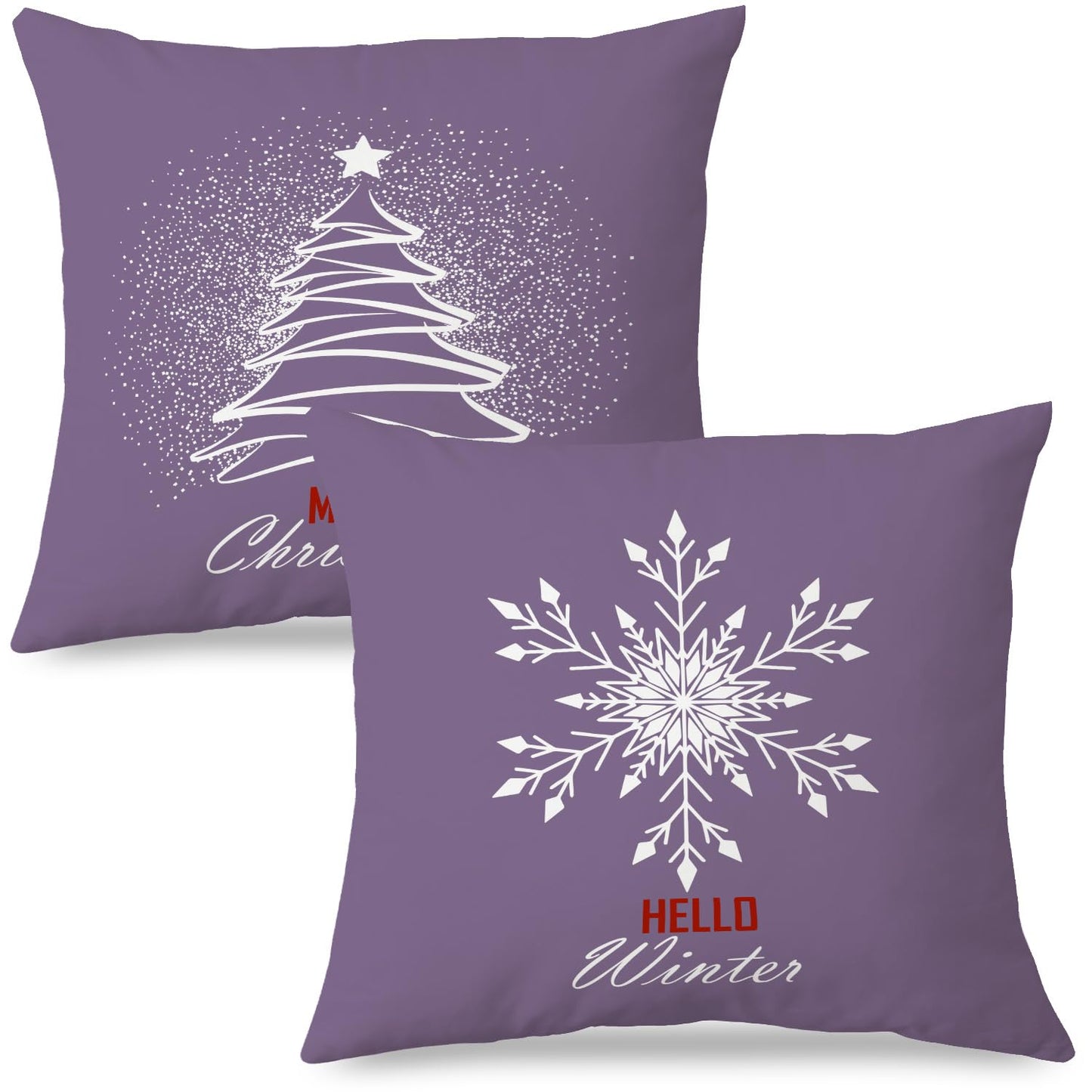 JINYO Purple Winter Christmas Tree Snowflake Pillow Covers 18x18, Purple Christmas Decor, Xmas Hello Winter Holiday Throw Pillow Covers for Home Living Room Bedroom Sofa Couch Set of 2