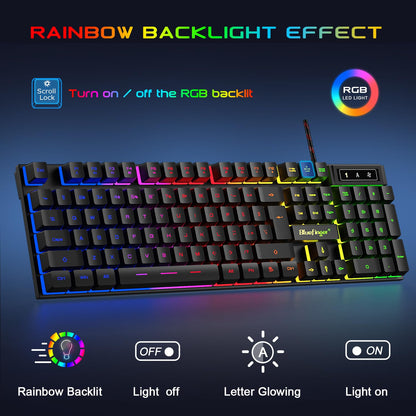BlueFinger RGB Gaming Keyboard and Backlit Mouse and Headset Combo, USB Wired Backlit Keyboard, LED Gaming Mouse Set, Headset with Microphone for Laptop PC Computer Game and Work
