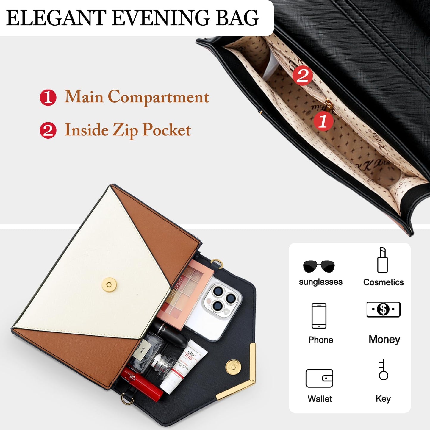 KKXIU Women Elegant Faux Leather Evening Envelope Clutch Purse Foldover Bags for Party Wedding Prom (A-Black)
