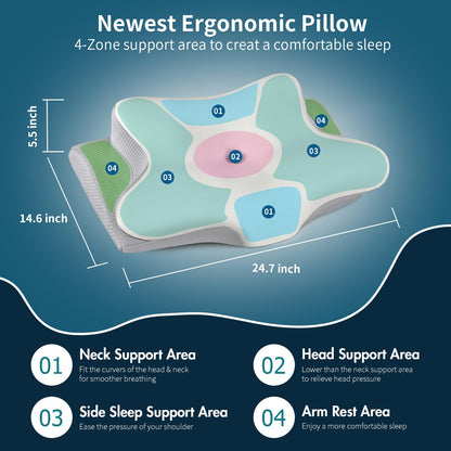 Cervical Neck Pillow - Ergonomic Side Sleeper Pillow for Pain Relief, Cooling Cervical Pillow for Sleeping, Contour Orthopedic Memory Foam Pillows for Back Stomach Sleepers