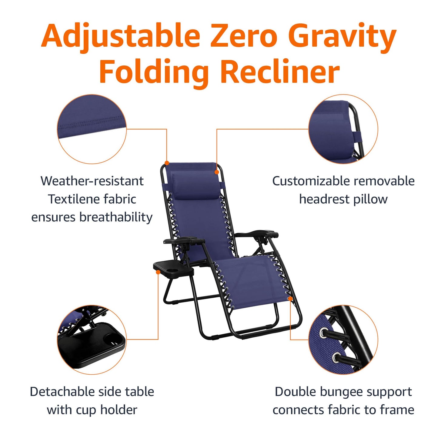 Amazon Basics Outdoor Textilene Adjustable Zero Gravity Folding Reclining Lounge Chair Set with Side Table, pack of 2, Blue