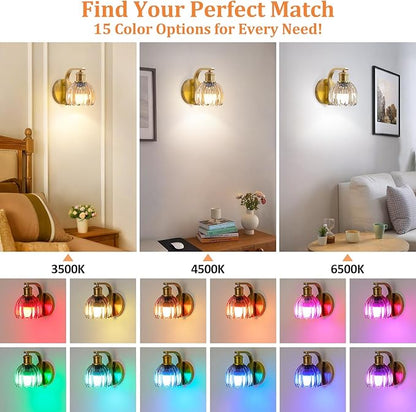 VerRon Rechargeable Battery Operated Wall Sconce with Amber Glass Lampshade, Wireless Wall Scone Decor with Remote Control, 15 Colors Gold Wall Light for Bedside Hallway Bedroom Doorway