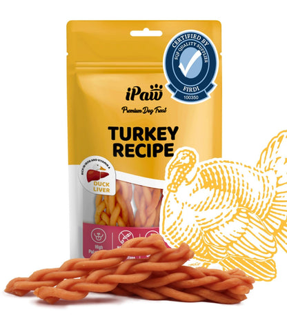iPaw Turkey Dog Treats, SQF Certified Human Grade Dog Treat, Suitable for Training Chew, Hypoallergenic, Rawhide Alternative, Braided Stick (Duck Liver)